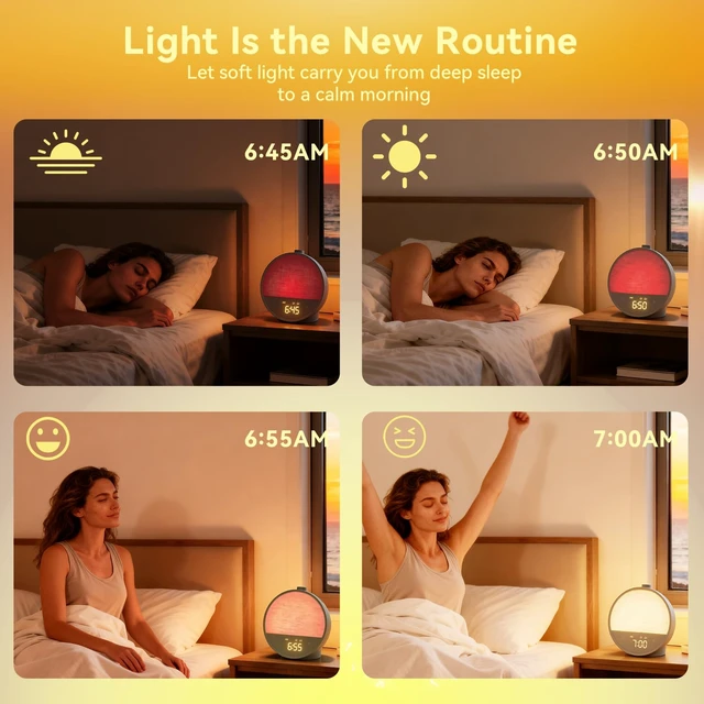 Alt view image 3 of 7 - Vivilumens Sunrise Alarm Clock for Bedroom, Sleep Sound Machine with Light | 15mins Sunrise Simulation, 10 Natural Sounds, Dual Alarms, 8 RGB Night Lights, Dimmable Digital Clocks, Latte