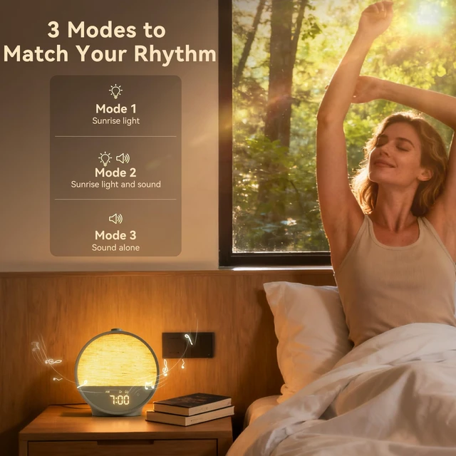 Alt view image 4 of 7 - Vivilumens Sunrise Alarm Clock for Bedroom, Sleep Sound Machine with Light | 15mins Sunrise Simulation, 10 Natural Sounds, Dual Alarms, 8 RGB Night Lights, Dimmable Digital Clocks, Latte