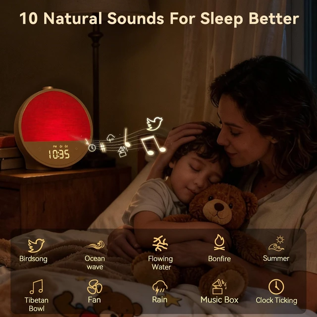Alt view image 5 of 7 - Vivilumens Sunrise Alarm Clock for Bedroom, Sleep Sound Machine with Light | 15mins Sunrise Simulation, 10 Natural Sounds, Dual Alarms, 8 RGB Night Lights, Dimmable Digital Clocks, Latte