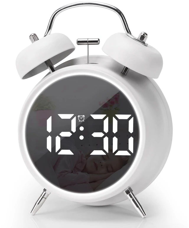 Main image of Digital Small Alarm Clock, 4.5 Inch Double Bell Electronic LED Alarm Clock | Plug in or Battery Operated Silent Metal Table Clock, Bedside Loud Bell Clock for Heavy Sleepers Adults Teen (White)