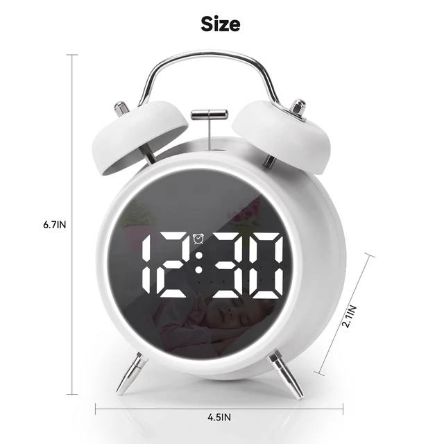 Alt view image 2 of 7 - Digital Small Alarm Clock, 4.5 Inch Double Bell Electronic LED Alarm Clock | Plug in or Battery Operated Silent Metal Table Clock, Bedside Loud Bell Clock for Heavy Sleepers Adults Teen (White)
