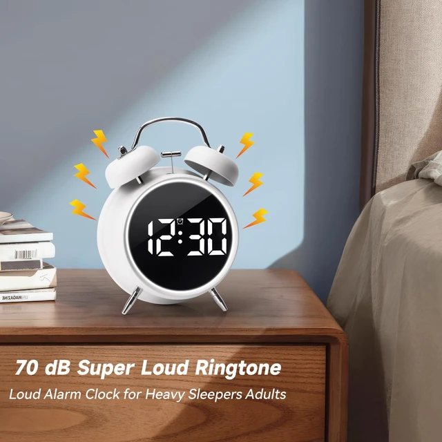 Alt view image 3 of 7 - Digital Small Alarm Clock, 4.5 Inch Double Bell Electronic LED Alarm Clock | Plug in or Battery Operated Silent Metal Table Clock, Bedside Loud Bell Clock for Heavy Sleepers Adults Teen (White)