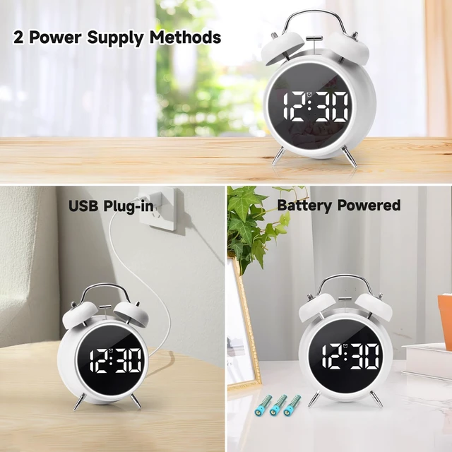 Alt view image 4 of 7 - Digital Small Alarm Clock, 4.5 Inch Double Bell Electronic LED Alarm Clock | Plug in or Battery Operated Silent Metal Table Clock, Bedside Loud Bell Clock for Heavy Sleepers Adults Teen (White)