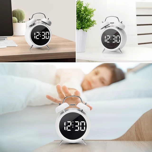Alt view image 5 of 7 - Digital Small Alarm Clock, 4.5 Inch Double Bell Electronic LED Alarm Clock | Plug in or Battery Operated Silent Metal Table Clock, Bedside Loud Bell Clock for Heavy Sleepers Adults Teen (White)