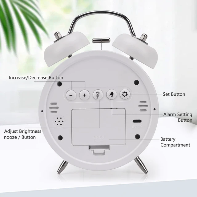 Alt view image 6 of 7 - Digital Small Alarm Clock, 4.5 Inch Double Bell Electronic LED Alarm Clock | Plug in or Battery Operated Silent Metal Table Clock, Bedside Loud Bell Clock for Heavy Sleepers Adults Teen (White)