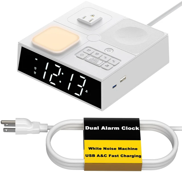 Main image of Kungfuking Alarm Clock Power Strip with White Noise, Dual Alarms, 20W USB-C | Digital Alarm Clock with USB Ports, AC Outlet, Night Light, Dimmable Display, Bedside Clock Charging Station