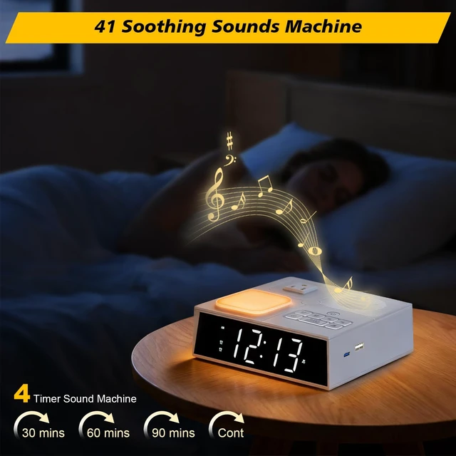 Alt view image 2 of 7 - Kungfuking Alarm Clock Power Strip with White Noise, Dual Alarms, 20W USB-C | Digital Alarm Clock with USB Ports, AC Outlet, Night Light, Dimmable Display, Bedside Clock Charging Station