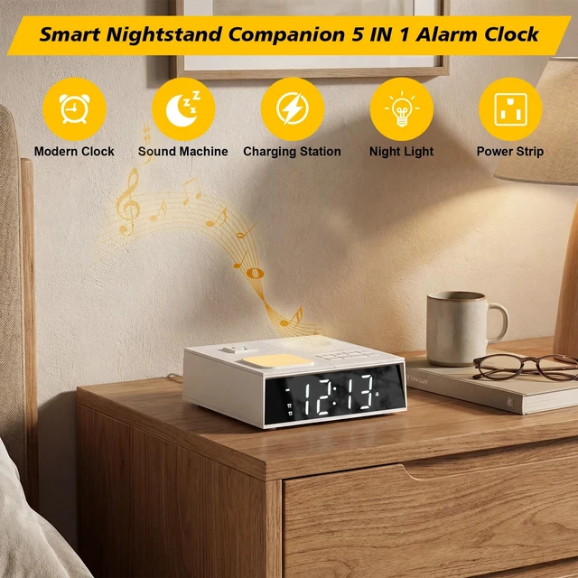 Alt view image 3 of 7 - Kungfuking Alarm Clock Power Strip with White Noise, Dual Alarms, 20W USB-C | Digital Alarm Clock with USB Ports, AC Outlet, Night Light, Dimmable Display, Bedside Clock Charging Station
