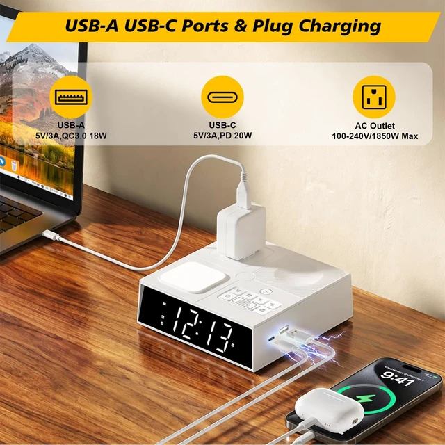 Alt view image 5 of 7 - Kungfuking Alarm Clock Power Strip with White Noise, Dual Alarms, 20W USB-C | Digital Alarm Clock with USB Ports, AC Outlet, Night Light, Dimmable Display, Bedside Clock Charging Station