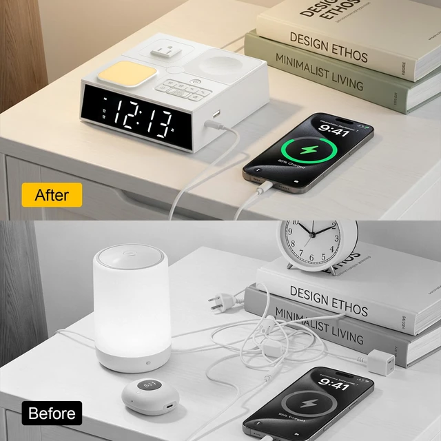 Alt view image 7 of 7 - Kungfuking Alarm Clock Power Strip with White Noise, Dual Alarms, 20W USB-C | Digital Alarm Clock with USB Ports, AC Outlet, Night Light, Dimmable Display, Bedside Clock Charging Station