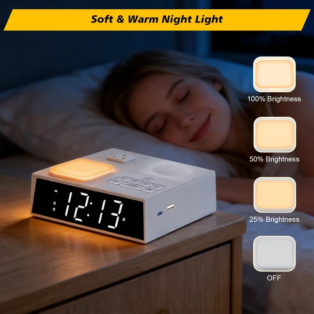 Alt view image 6 of 7 - Kungfuking Alarm Clock Power Strip with White Noise, Dual Alarms, 20W USB-C | Digital Alarm Clock with USB Ports, AC Outlet, Night Light, Dimmable Display, Bedside Clock Charging Station