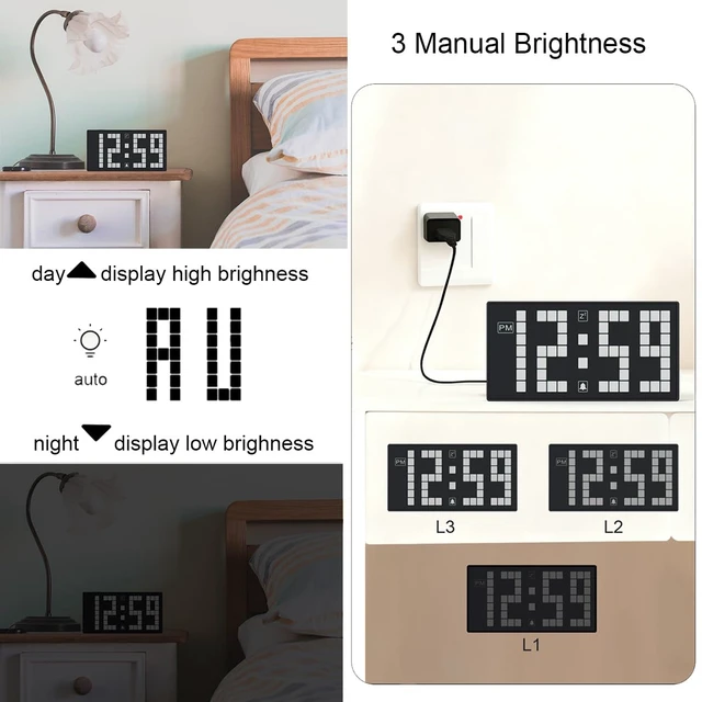 Alt view image 7 of 7 - T-FAMY Digital Alarm Clock with Auto-Dimmable LED Pixel Display, Weekend Alarm Mode, Plug-in Power with Battery Backup, DST Adjustment, Perfect for Bedroom or Desk (White Display)