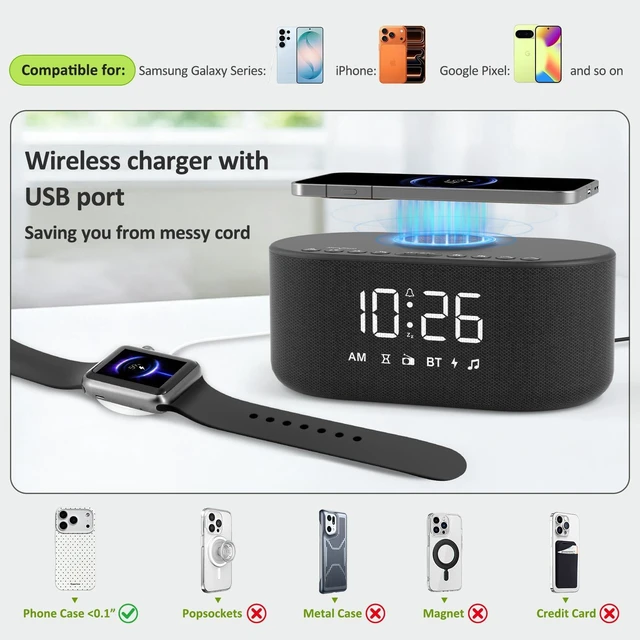 Alt view image 4 of 7 - DreamSky Alarm Clock Radio with Wireless Charging and Bluetooth Speaker | Loud Alarm for Heavy Sleepers, Bedroom Digital FM Radio with Sleep Timer, 0-100% Dimmer, 9 Alarm Sounds & 16 Volumes, USB