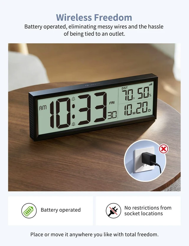 Alt view image 2 of 7 - Digital Alarm Clock Battery Operated, 8.5 Wireless Digital Wall Clock | Desk Clocks with Temperature, Humidity, Seconds, Date, Week, Auto DST, for Bedrooms, Living Room, Office (Black)