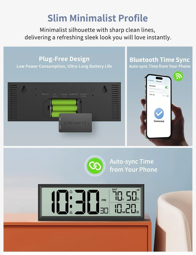 Alt view image 6 of 7 - Digital Alarm Clock Battery Operated, 8.5 Wireless Digital Wall Clock | Desk Clocks with Temperature, Humidity, Seconds, Date, Week, Auto DST, for Bedrooms, Living Room, Office (Black)