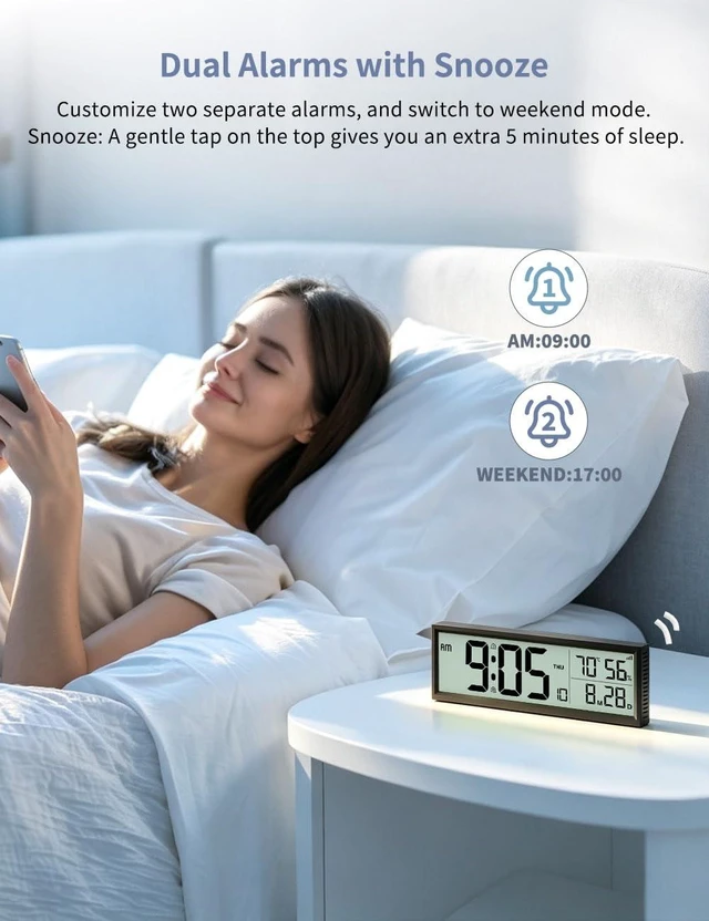 Alt view image 7 of 7 - Digital Alarm Clock Battery Operated, 8.5 Wireless Digital Wall Clock | Desk Clocks with Temperature, Humidity, Seconds, Date, Week, Auto DST, for Bedrooms, Living Room, Office (Black)