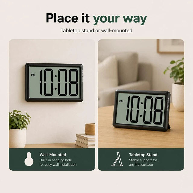 Alt view image 7 of 7 - KWANWA Digital Alarm Clock, 3.8-inch Extra Large LED/LCD Digits, Battery or USB Powered, Auto Light Sensor for Day/Night, Wall Clock & Desktop Stand for Seniors, Bedroom, Office, Living Room