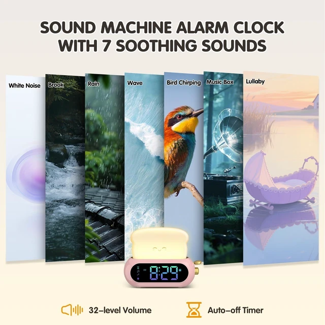 Alt view image 4 of 7 - Netzu Alarm Clock for Kids, OK to Wake Clock with Night Light and Sound Machine, Pink Clock with 10 RGB Color, 6 Alarm Tones, Nap Timer, Snooze, Bedside Clocks for Girls Kids Teens Birthday Gifts