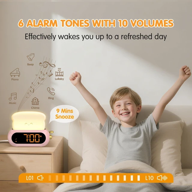 Alt view image 6 of 7 - Netzu Alarm Clock for Kids, OK to Wake Clock with Night Light and Sound Machine, Pink Clock with 10 RGB Color, 6 Alarm Tones, Nap Timer, Snooze, Bedside Clocks for Girls Kids Teens Birthday Gifts