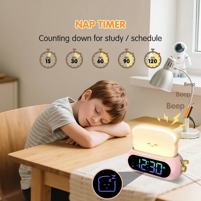 Alt view image 7 of 7 - Netzu Alarm Clock for Kids, OK to Wake Clock with Night Light and Sound Machine, Pink Clock with 10 RGB Color, 6 Alarm Tones, Nap Timer, Snooze, Bedside Clocks for Girls Kids Teens Birthday Gifts