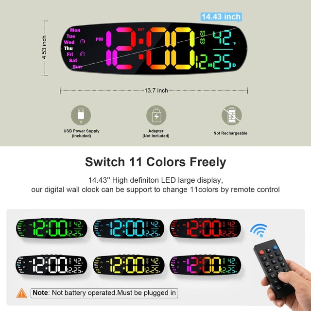 Alt view image 2 of 7 - ANALOI Large Digital Wall Clock for Classroom, 14.4 inch Large Display | Auto Dimming, Temperature and Date, Remote Control, Night Light, DST, Alarm, Wallclockfor Gym/Bedroom/Living/Seniors