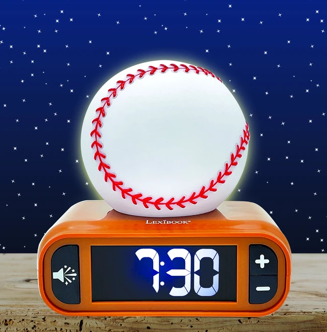 Alt view image 4 of 7 - LEXiBOOK, Baseball Nightlight Alarm Clock, RL800BL | Sounds & Melodies, LCD Backlit screen, Luminous, Snooze, Brown/White