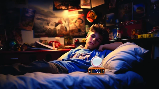 Alt view image 6 of 7 - LEXiBOOK, Baseball Nightlight Alarm Clock, RL800BL | Sounds & Melodies, LCD Backlit screen, Luminous, Snooze, Brown/White