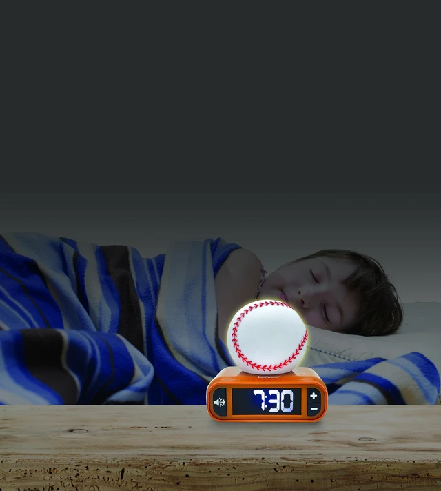Alt view image 5 of 7 - LEXiBOOK, Baseball Nightlight Alarm Clock, RL800BL | Sounds & Melodies, LCD Backlit screen, Luminous, Snooze, Brown/White
