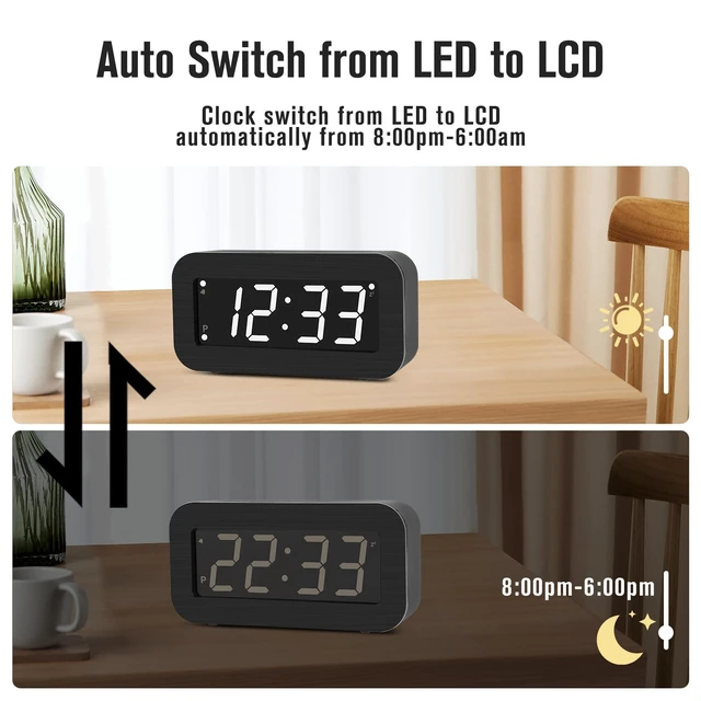 Alt view image 6 of 7 - Timegyro Digital Alarm Clock Battery Operated - LCD/LED Display Switchable, Included DC Cable, Dual LED Brightness, Snooze, 12/24Hr