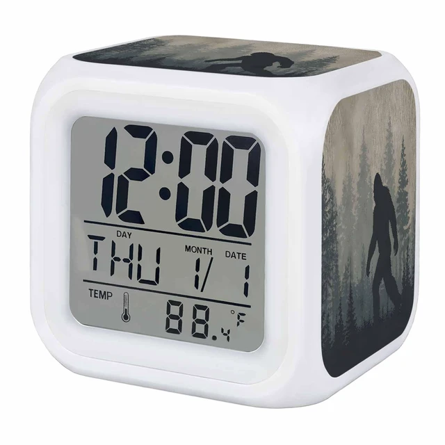Main image of Forest Bigfoot Alarm Clock, Vintage Sasquatch Animal Silhouette Foggy Dark Forest Plant Digital Clock Night Light with 7 Color, Calendar Temperature Display, NightLight Clock for Bedroom, 3.2x3.2in