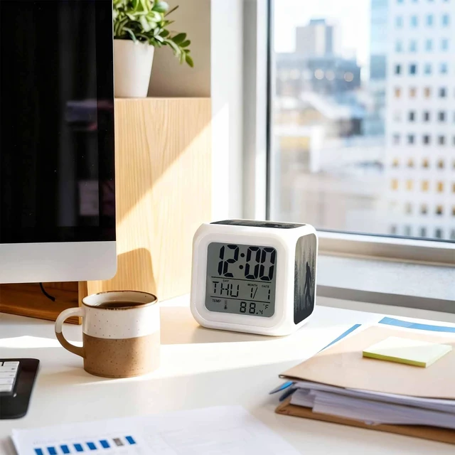 Alt view image 7 of 7 - Forest Bigfoot Alarm Clock, Vintage Sasquatch Animal Silhouette Foggy Dark Forest Plant Digital Clock Night Light with 7 Color, Calendar Temperature Display, NightLight Clock for Bedroom, 3.2x3.2in