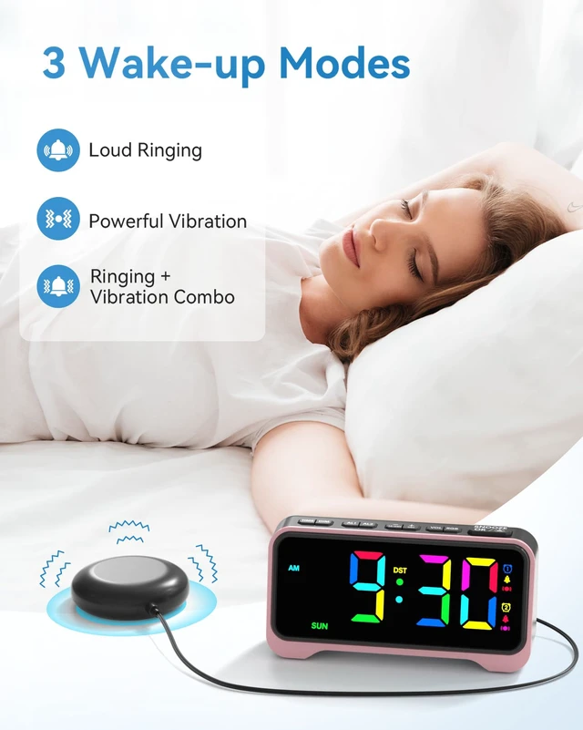 Alt view image 2 of 7 - Loud Alarm Clock for Heavy Sleepers Adults, Bed Shaker Alarm Clock | 10-Color Modes/Night Light/USB Charger/7 Dimmer/Battery Backup, Vibrating Alarm Clocks for Hearing Impaired Deaf, Kids, Teens