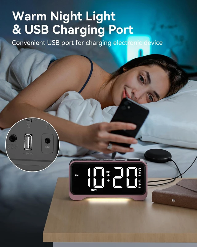 Alt view image 4 of 7 - Loud Alarm Clock for Heavy Sleepers Adults, Bed Shaker Alarm Clock | 10-Color Modes/Night Light/USB Charger/7 Dimmer/Battery Backup, Vibrating Alarm Clocks for Hearing Impaired Deaf, Kids, Teens