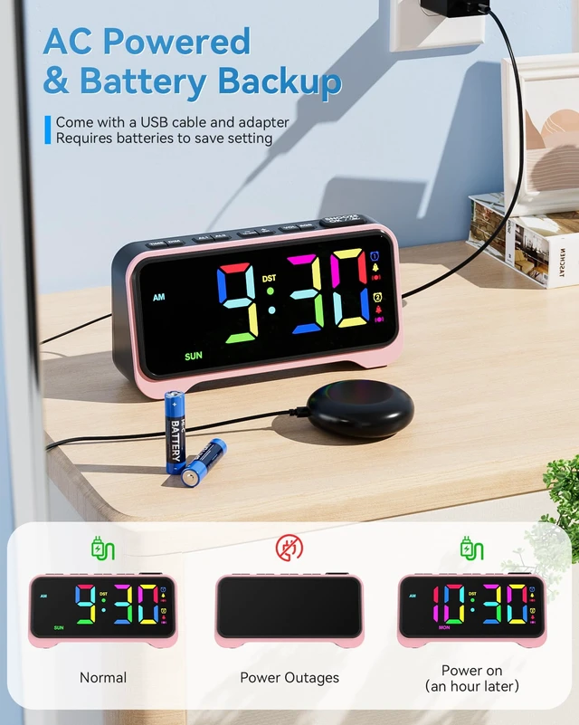 Alt view image 5 of 7 - Loud Alarm Clock for Heavy Sleepers Adults, Bed Shaker Alarm Clock | 10-Color Modes/Night Light/USB Charger/7 Dimmer/Battery Backup, Vibrating Alarm Clocks for Hearing Impaired Deaf, Kids, Teens