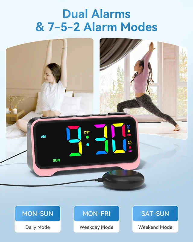 Alt view image 6 of 7 - Loud Alarm Clock for Heavy Sleepers Adults, Bed Shaker Alarm Clock | 10-Color Modes/Night Light/USB Charger/7 Dimmer/Battery Backup, Vibrating Alarm Clocks for Hearing Impaired Deaf, Kids, Teens