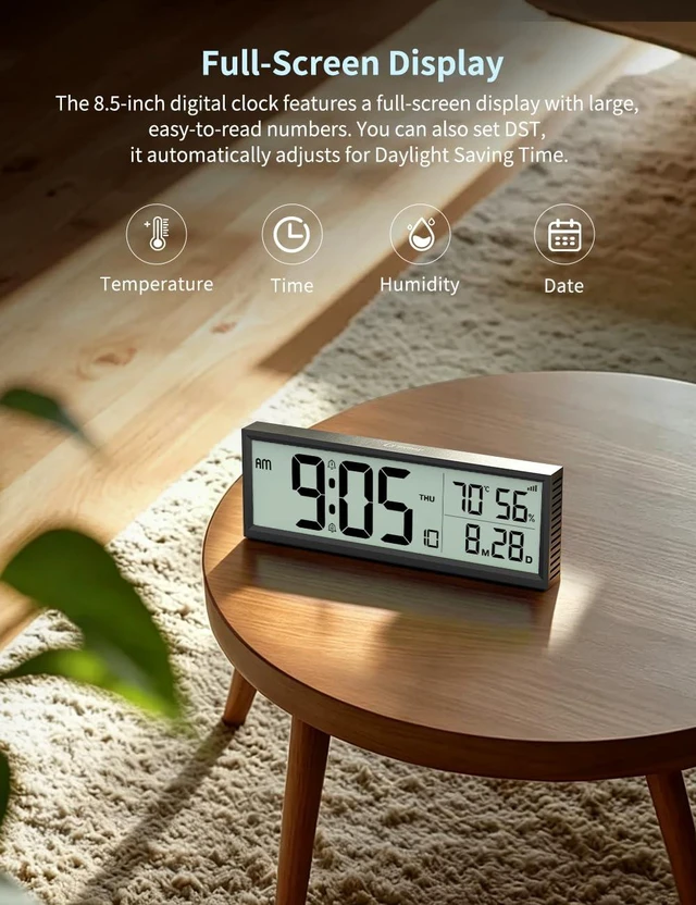 Alt view image 3 of 7 - Digital Alarm Clock Battery Operated, 8.5 Wireless Digital Wall Clock | Desk Clocks with Temperature, Humidity, Seconds, Date, Week, Auto DST, for Bedrooms, Living Room, Office (Black)