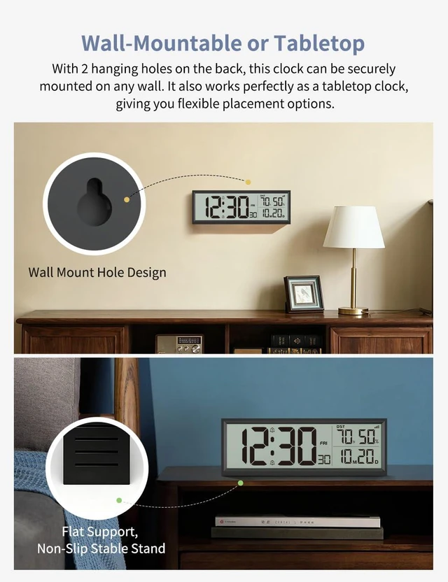Alt view image 5 of 7 - Digital Alarm Clock Battery Operated, 8.5 Wireless Digital Wall Clock | Desk Clocks with Temperature, Humidity, Seconds, Date, Week, Auto DST, for Bedrooms, Living Room, Office (Black)