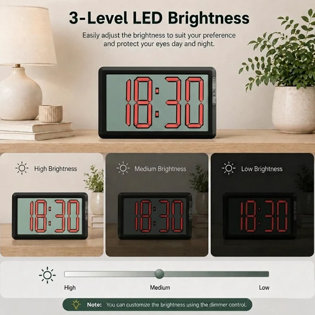 Alt view image 5 of 7 - KWANWA Digital Alarm Clock, 3.8-inch Extra Large LED/LCD Digits, Battery or USB Powered, Auto Light Sensor for Day/Night, Wall Clock & Desktop Stand for Seniors, Bedroom, Office, Living Room