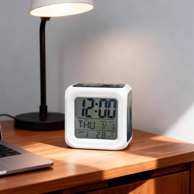 Alt view image 2 of 7 - Forest Bigfoot Alarm Clock, Vintage Sasquatch Animal Silhouette Foggy Dark Forest Plant Digital Clock Night Light with 7 Color, Calendar Temperature Display, NightLight Clock for Bedroom, 3.2x3.2in