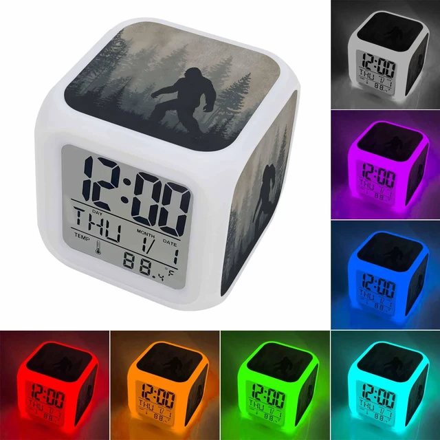 Alt view image 4 of 7 - Forest Bigfoot Alarm Clock, Vintage Sasquatch Animal Silhouette Foggy Dark Forest Plant Digital Clock Night Light with 7 Color, Calendar Temperature Display, NightLight Clock for Bedroom, 3.2x3.2in