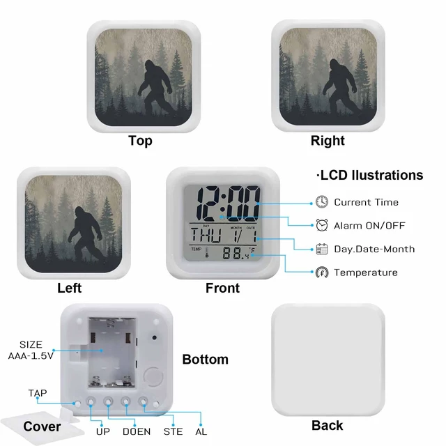 Alt view image 5 of 7 - Forest Bigfoot Alarm Clock, Vintage Sasquatch Animal Silhouette Foggy Dark Forest Plant Digital Clock Night Light with 7 Color, Calendar Temperature Display, NightLight Clock for Bedroom, 3.2x3.2in