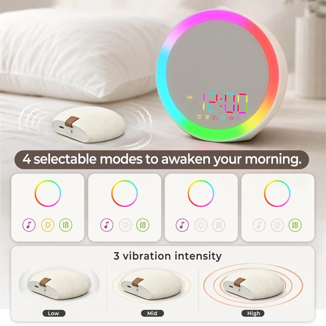 Alt view image 3 of 6 - Jassurance Alarm Clock for Heavy Sleepers, Loud Vibrating Alarm with Bed Shaker and 10-Color Night Light, 7 Sounds, USB Charging