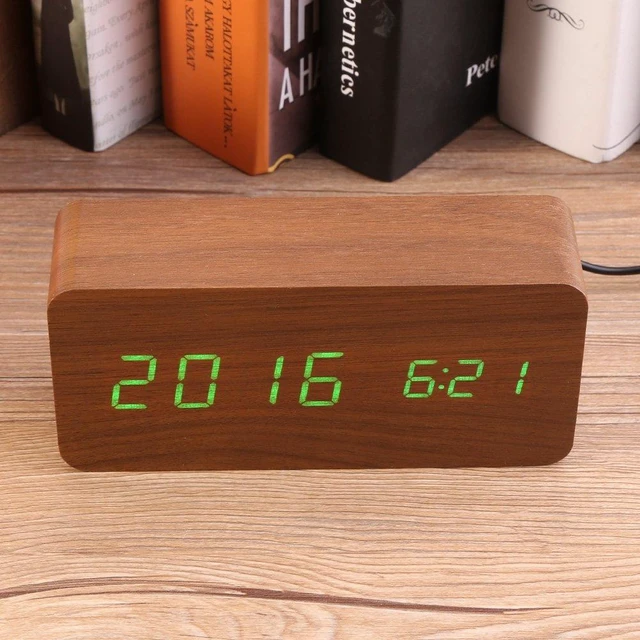 Alt view image 2 of 7 - Beufee Wooden Digital Alarm Clock, Loud Alarm Desk Clock LED Desktop Clock USB Alarm Clock with Thermometer Clock for Home Bedroom (Brown Wood + Green Light)