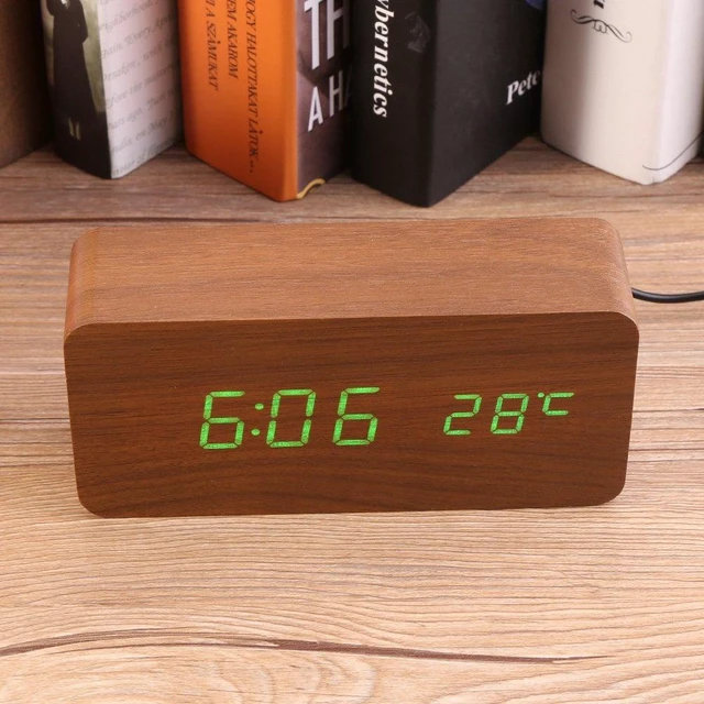 Alt view image 3 of 7 - Beufee Wooden Digital Alarm Clock, Loud Alarm Desk Clock LED Desktop Clock USB Alarm Clock with Thermometer Clock for Home Bedroom (Brown Wood + Green Light)