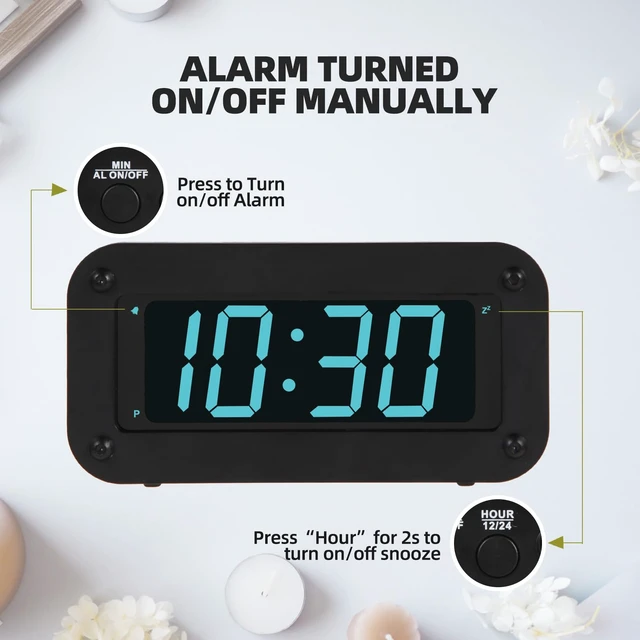 Alt view image 6 of 7 - Timegyro Digital Clock Battery Operated - LED Display Alarm Clock for Bedroom, Includes DC Cable, Adjustable Brightness, Snooze, 12/24Hr