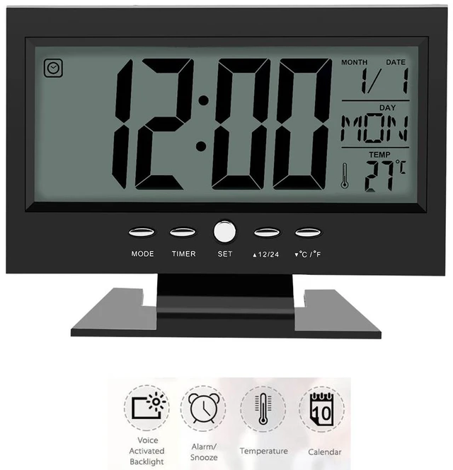 Main image of Electric Alarm Clock, LCD Display Digital Smart Nightlight Sound Sensor Table Desk Alarm Clock with Calendar and Temperature Date Display(Black)