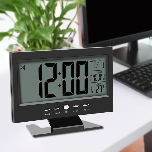 Alt view image 5 of 7 - Electric Alarm Clock, LCD Display Digital Smart Nightlight Sound Sensor Table Desk Alarm Clock with Calendar and Temperature Date Display(Black)
