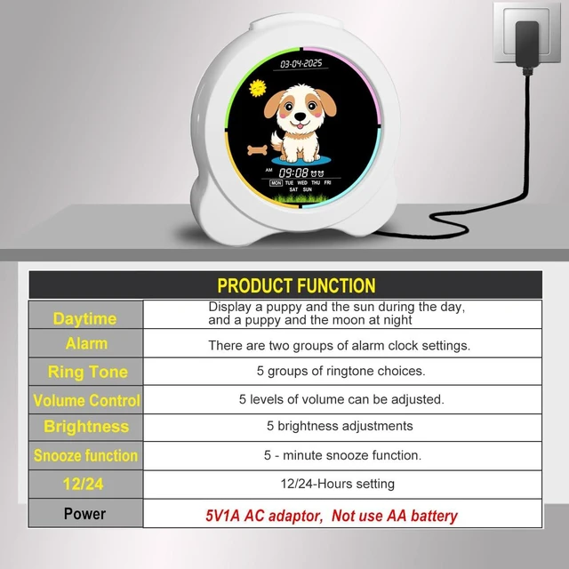 Alt view image 4 of 7 - Sinoviwe Kids Alarm Clock Sun & Moon& Dog LED Display with Day & Date OK to Wake Clock with Night Light for Kids Children's Sleep Trainer Gift for Boy and Girls