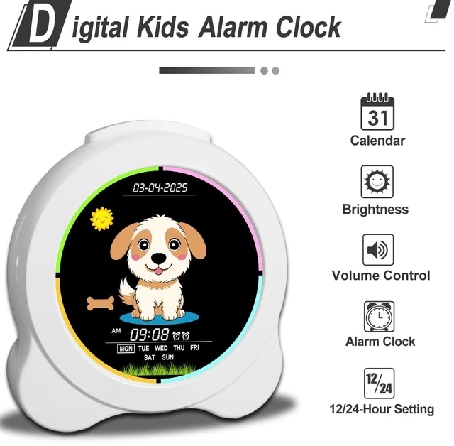 Alt view image 5 of 7 - Sinoviwe Kids Alarm Clock Sun & Moon& Dog LED Display with Day & Date OK to Wake Clock with Night Light for Kids Children's Sleep Trainer Gift for Boy and Girls