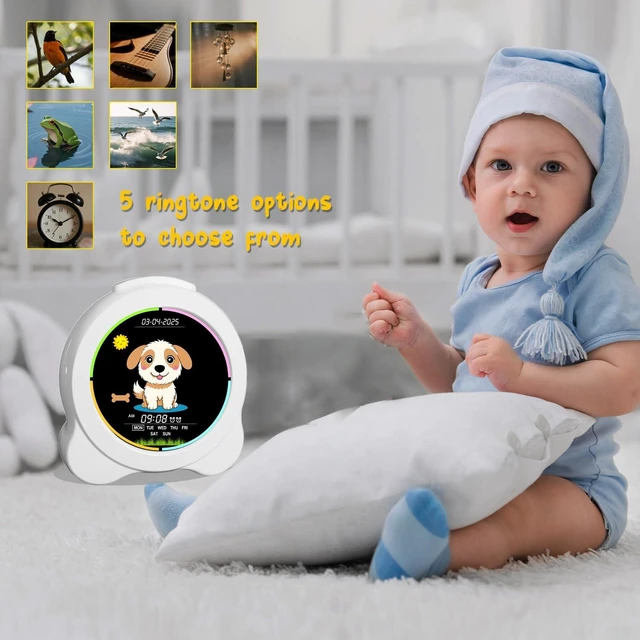 Alt view image 7 of 7 - Sinoviwe Kids Alarm Clock Sun & Moon& Dog LED Display with Day & Date OK to Wake Clock with Night Light for Kids Children's Sleep Trainer Gift for Boy and Girls